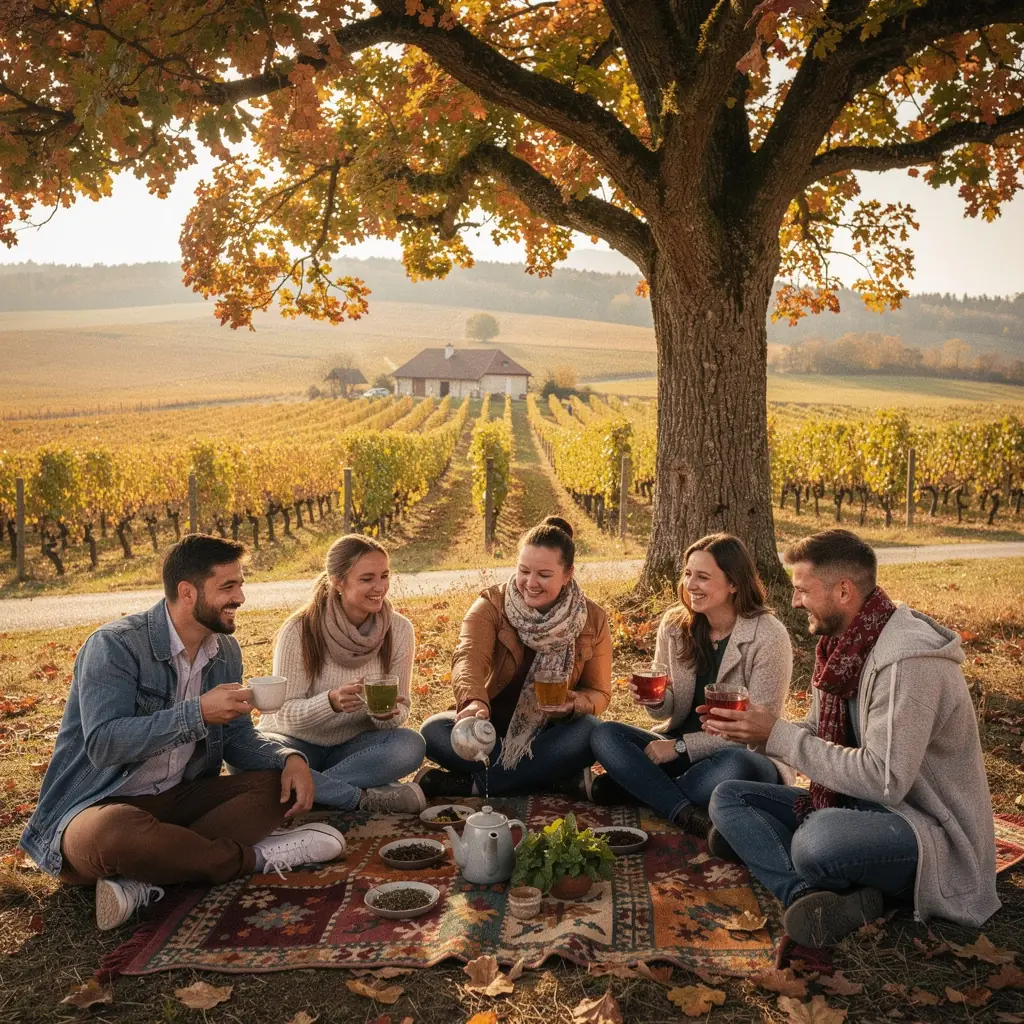 Pohár s bylinkovým čajom obklopený čerstvými bylinkami a kvetmi