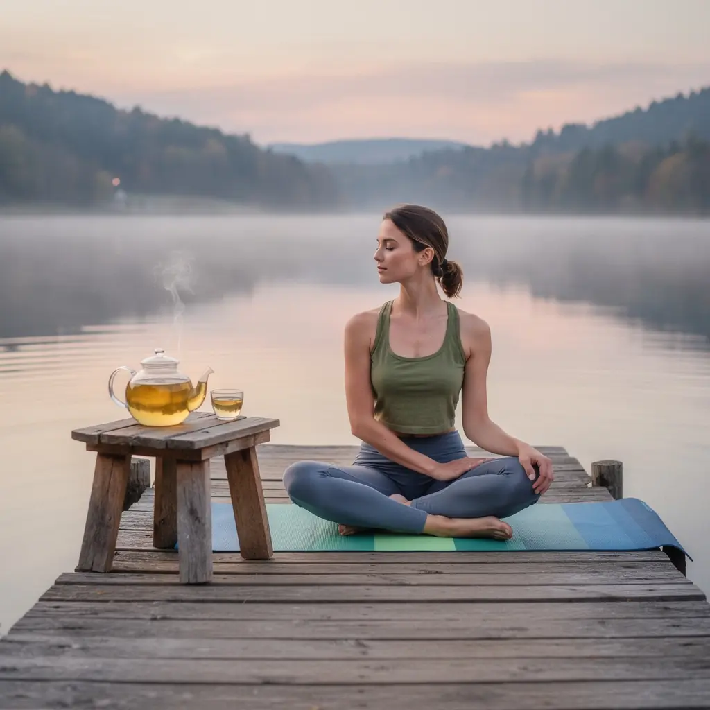 Detailná fotografia čajového lístka v rukách, symbolizujúca pokoj a harmóniu.