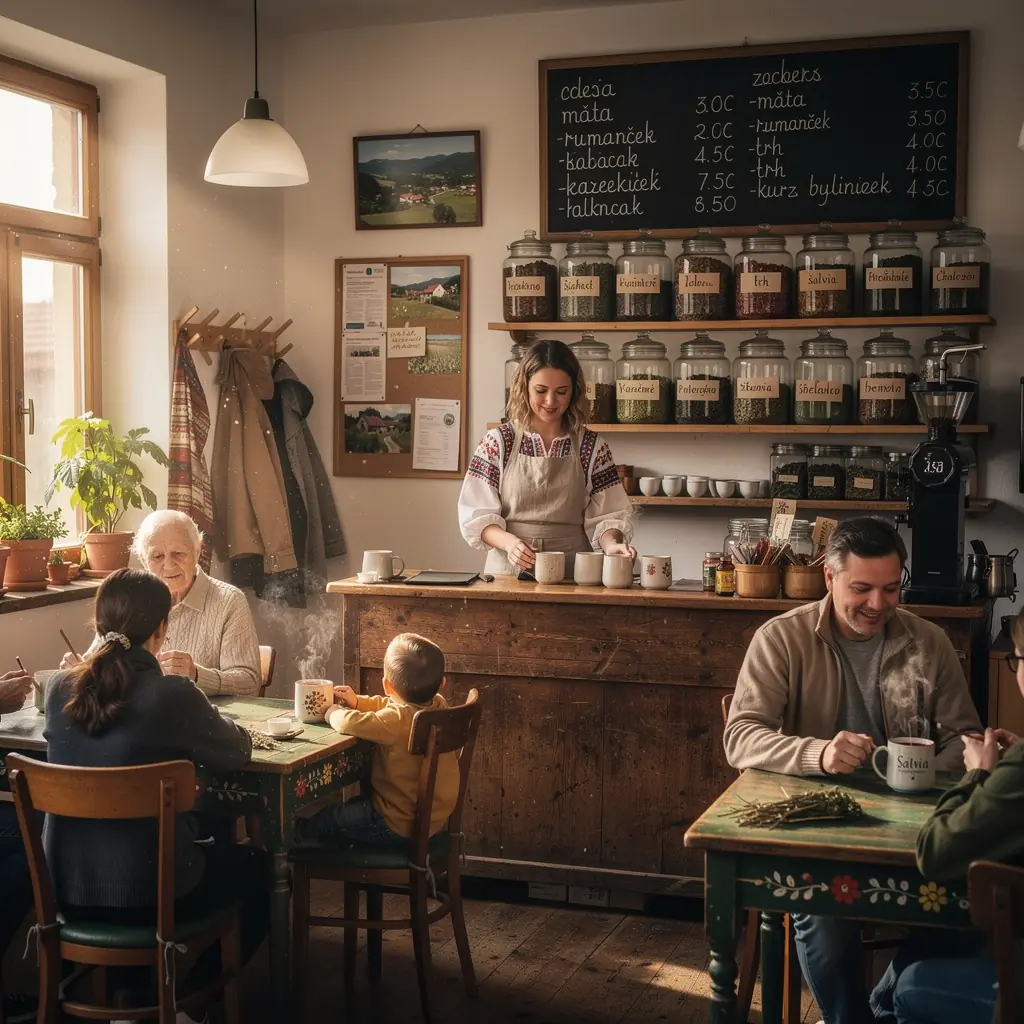 Rôzne druhy bylinkových čajov usporiadané v čajovej krabici na drevenom stole.