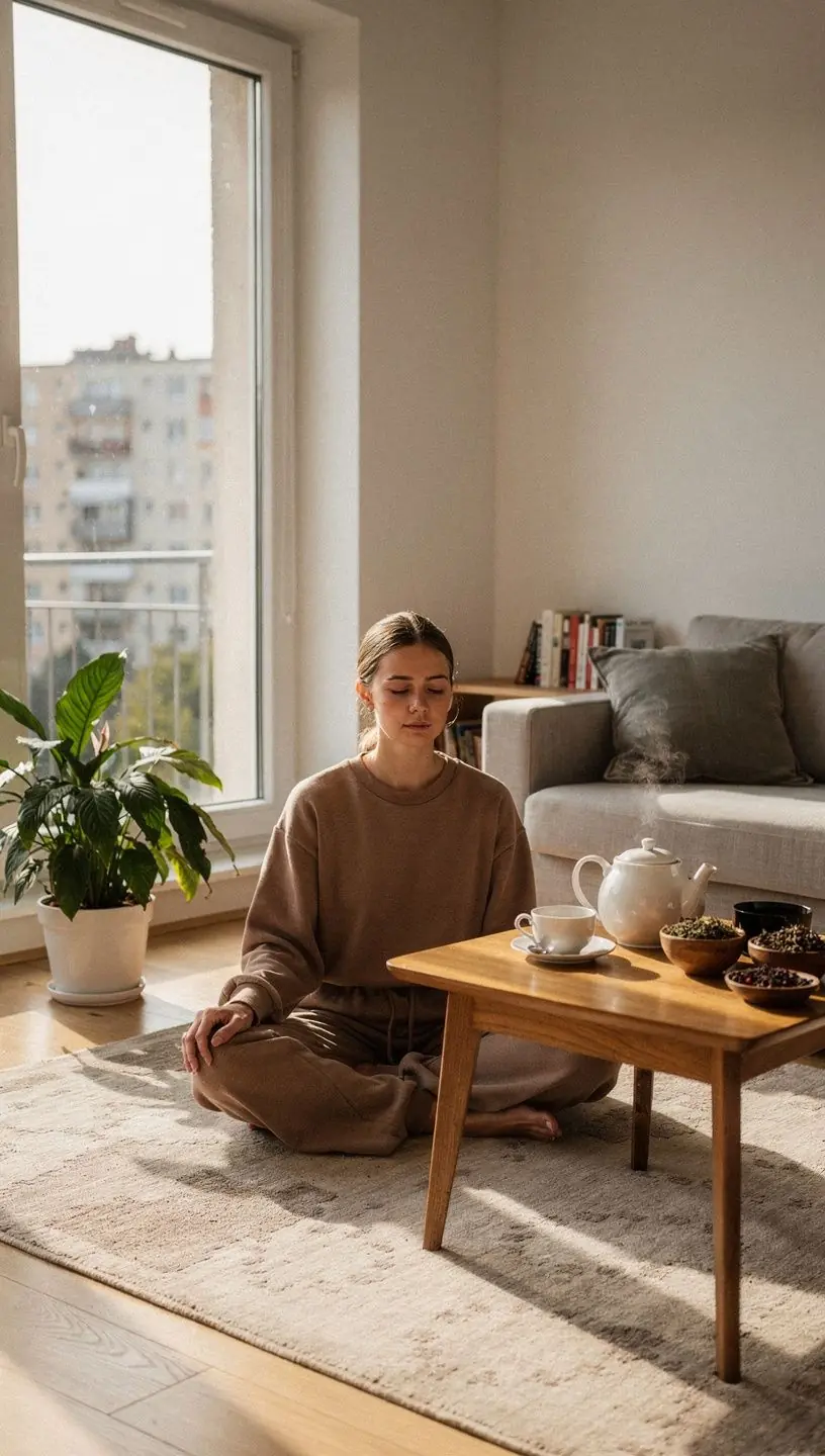 Šálka bylinkového čaju na drevenom stole so sviečkami v pozadí