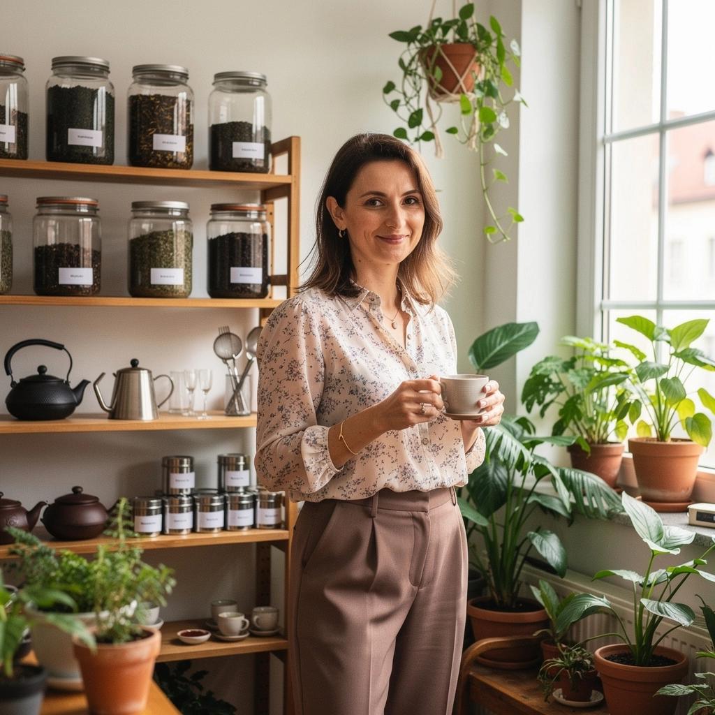 Pohľad na zemité tóny a textúry byliniek na pozadí šálky čaju