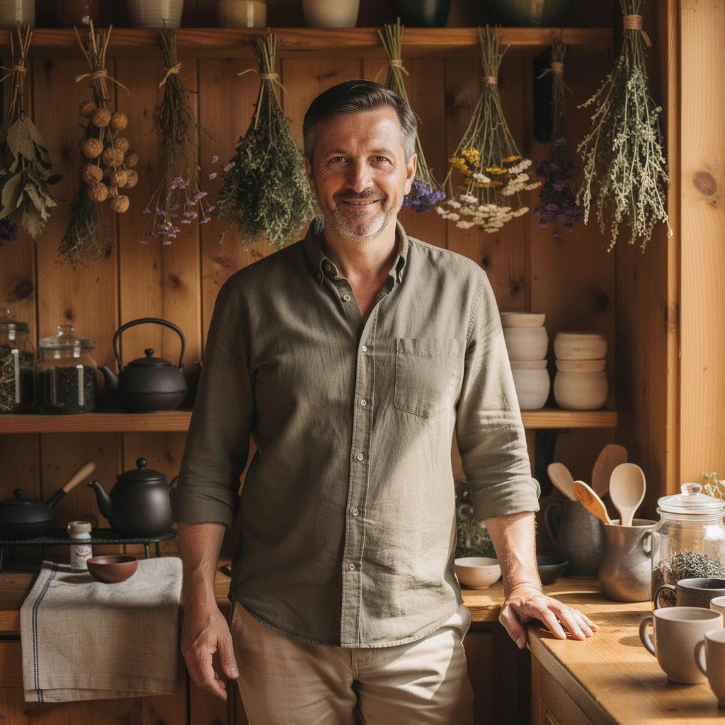 Zátišie s čajovým setom a prírodnými dekoráciami na stole